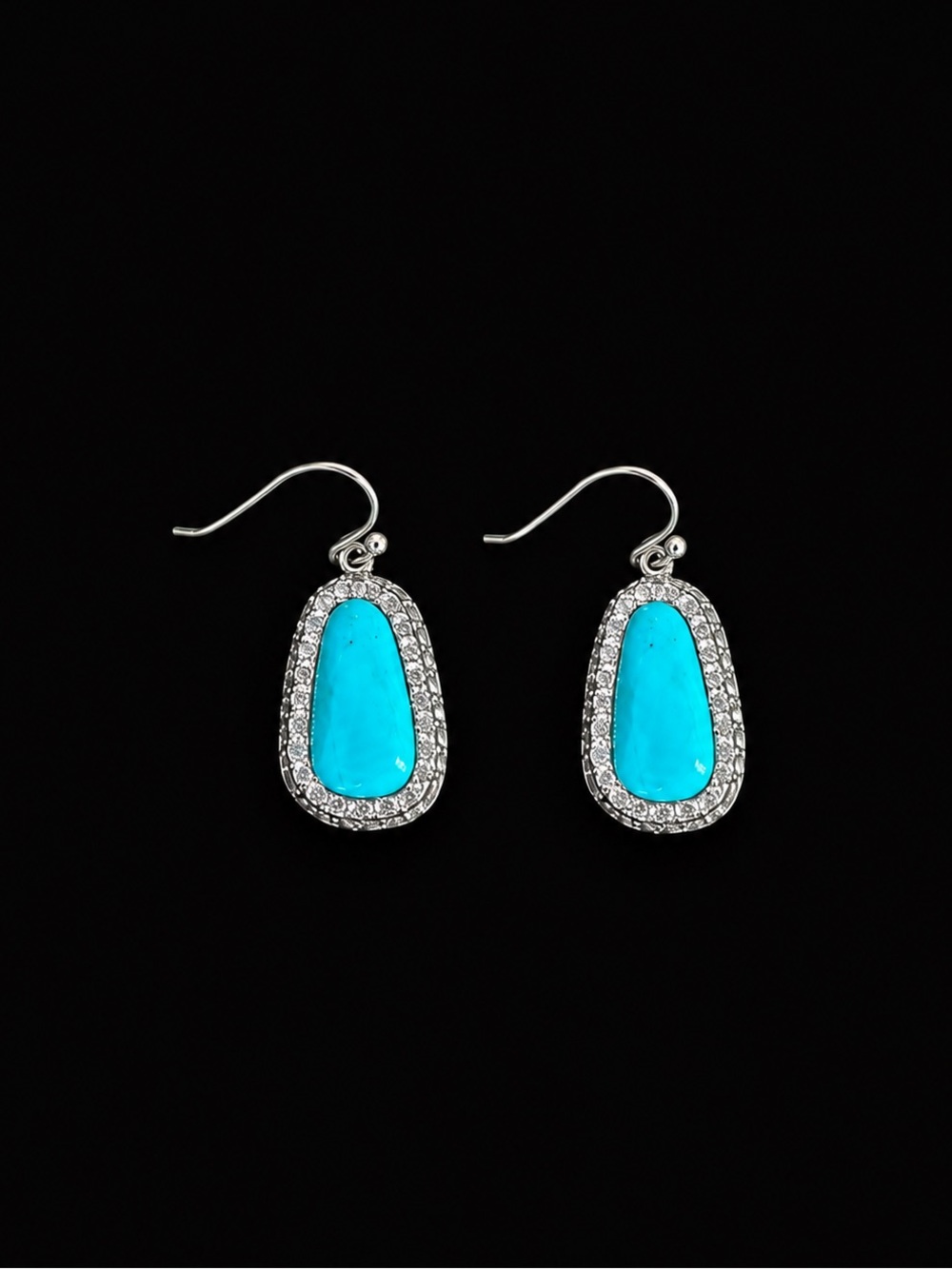 Silver Drop Earrings with Turquoise Stone and Crystal Halo